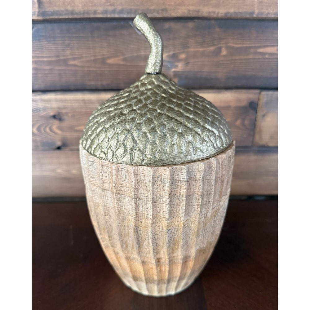 Place & Time Acorn Canister - Brass Lid W/ Wood Base 9" Tall